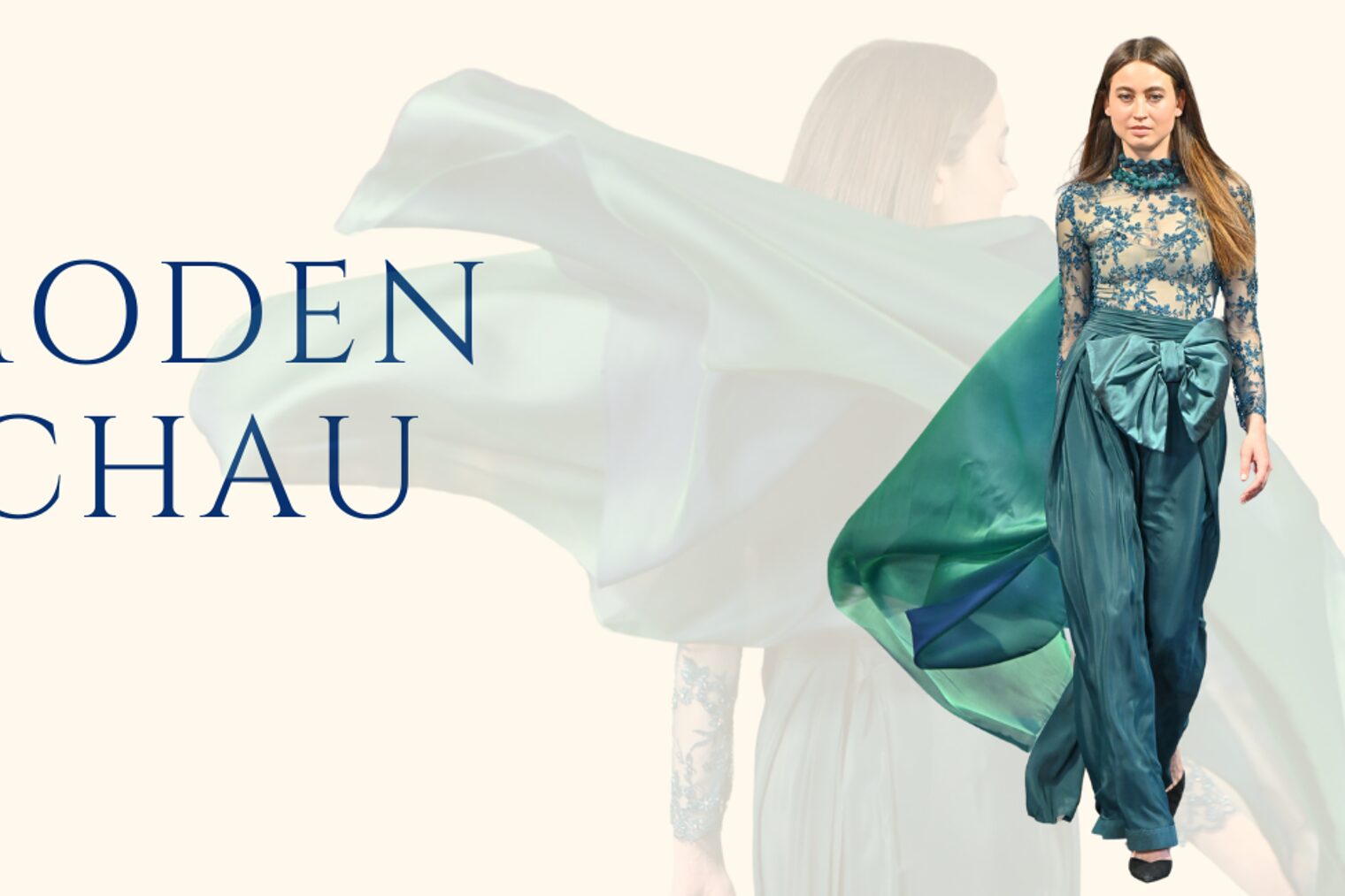 Ein Model in einem grünen, maßgeschneidertem Kleid auf einem gelblichen Hintergrund. Hinter ihr verblasst die Rückenansicht von dem Model.