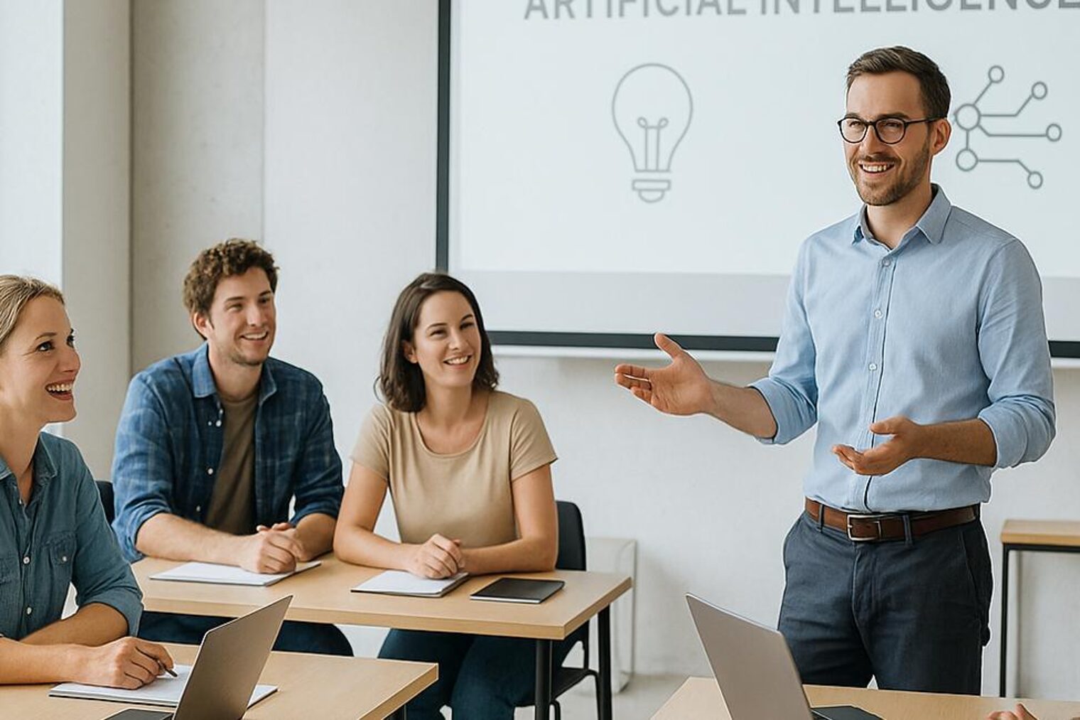 Workshop im Raum mit Teilnehmenden und einem Dozenten.